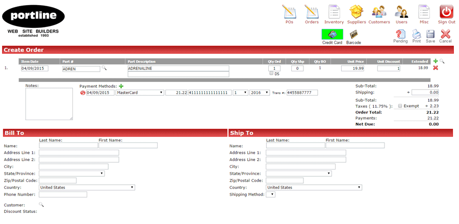 POS Software Credit Card Order Screen